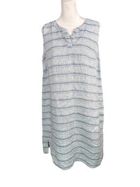 Habitat M 100% Linen Sleeveless Shift Dress Blue White Stripe Pockets Coastal